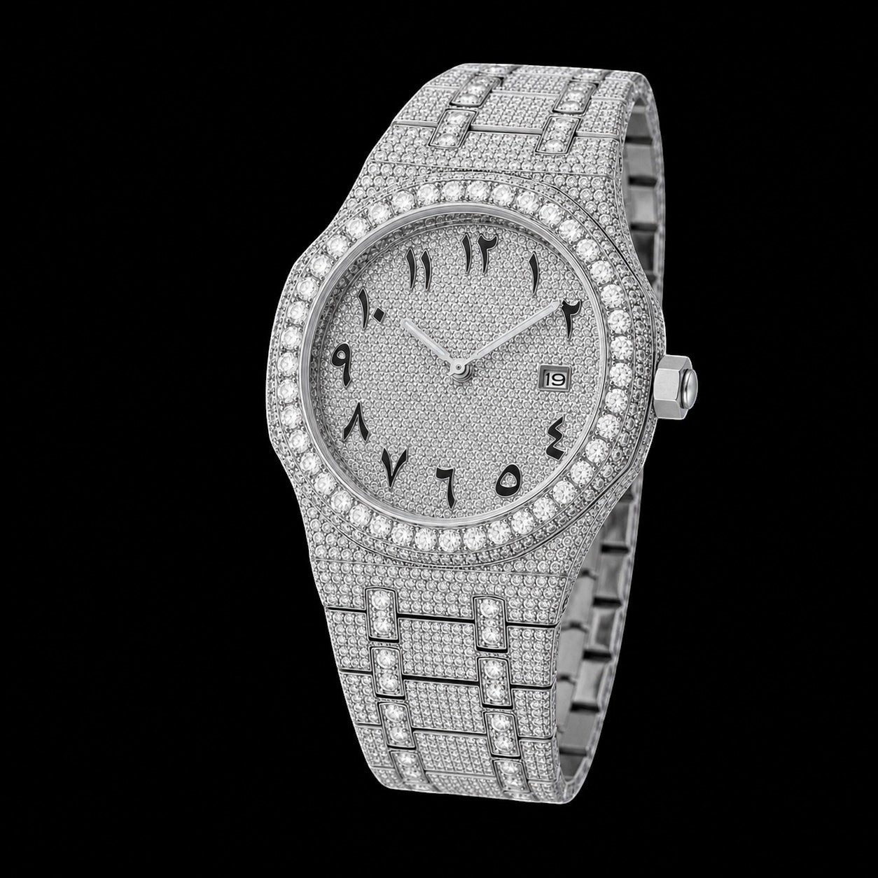Petey's jewelry iced out men's automatic watch with VVS moissanite, sapphire crystal, and Arabic numerals on dial.