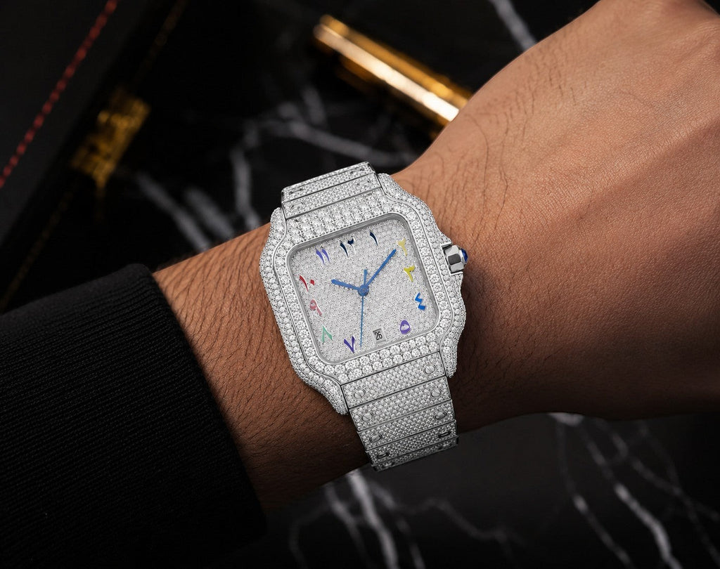 Petey's jewelry men's iced out automatic watch with VVS1 moissanite, stainless steel, and Arabic numerals on the dial.