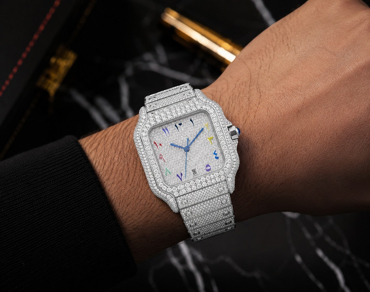 Petey's jewelry men's iced out automatic watch with VVS1 moissanite, stainless steel, and Arabic numerals on the dial.
