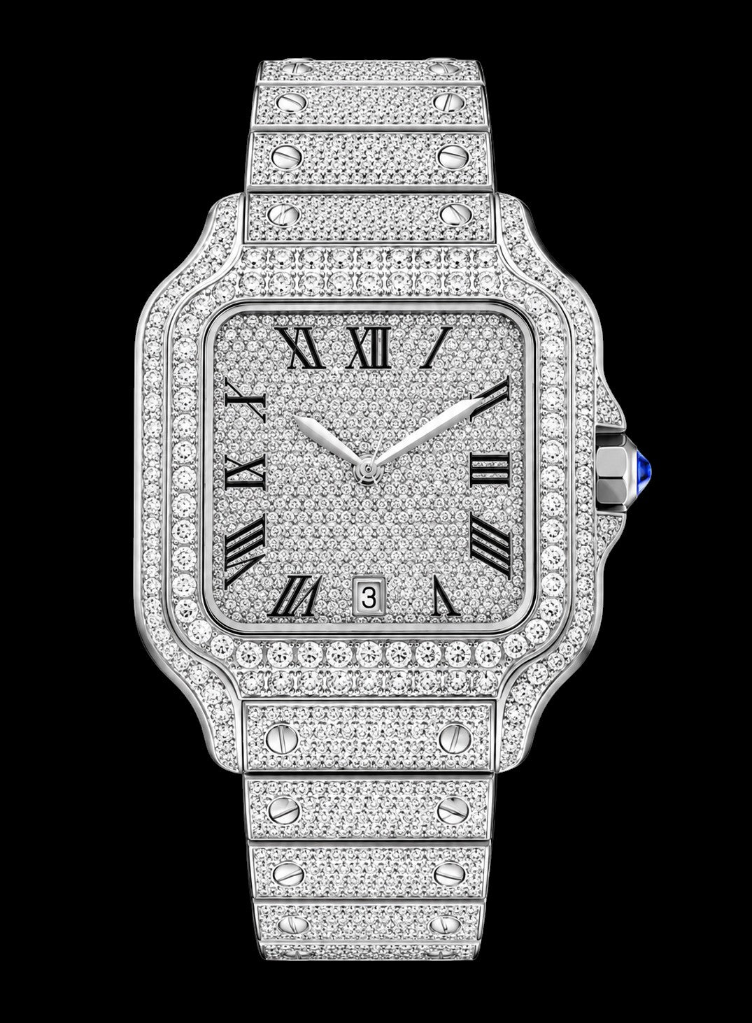 Petey's jewelry fully iced-out silver moissanite watch with Roman numerals and date window.
