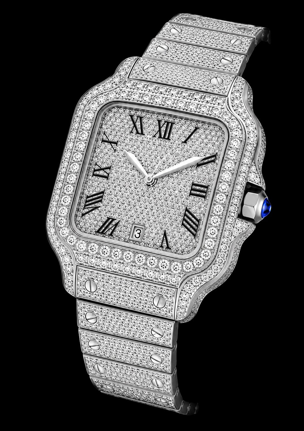 Petey's jewelry fully iced-out moissanite watch with Roman numerals and date window, silver metal band.