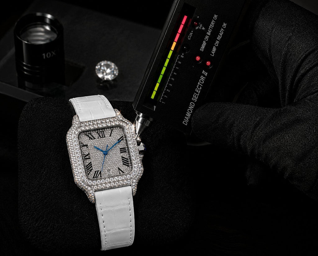Petey's jewelry Silver moissanite iced-out square watch with white band and Roman numerals. Diamond tester in use.