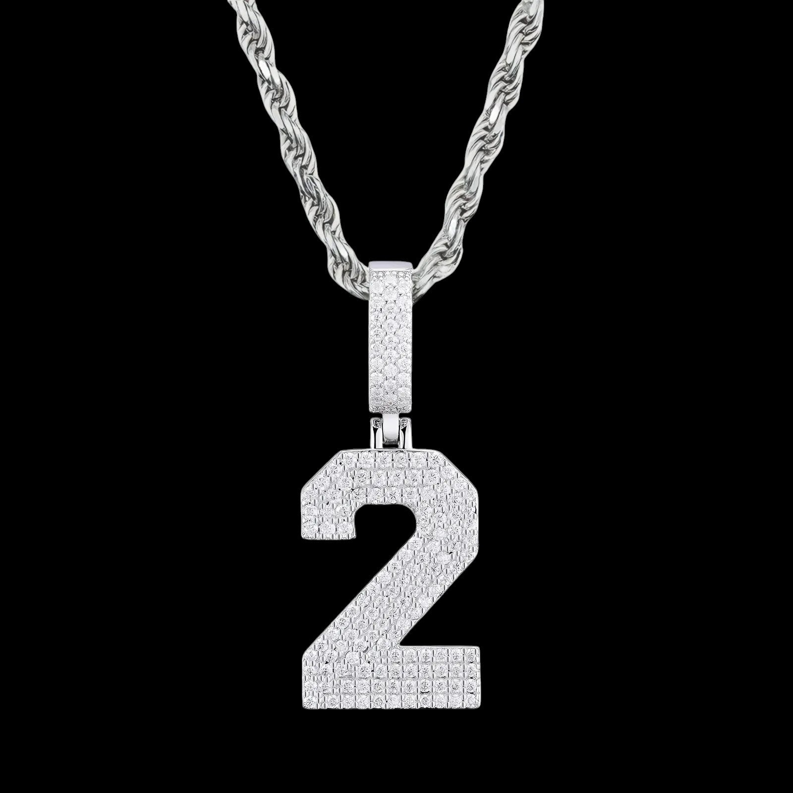 Petey's jewelry iced out number 2 pendant necklace in 925 sterling silver with sparkling moissanite stones.