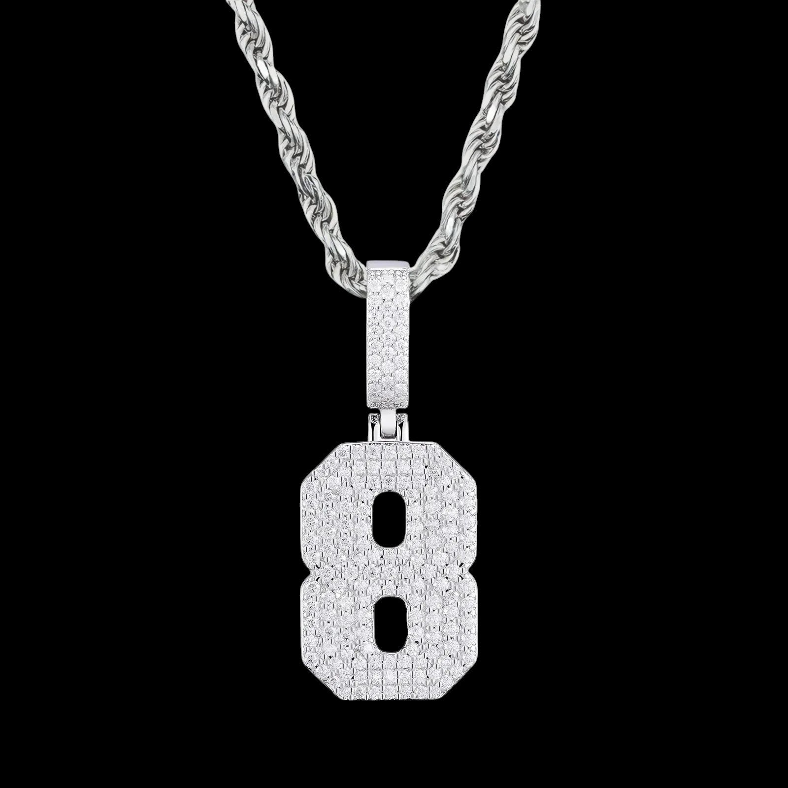 Petey's jewelry iced out number 8 pendant necklace in 925 sterling silver with sparkling moissanite stones