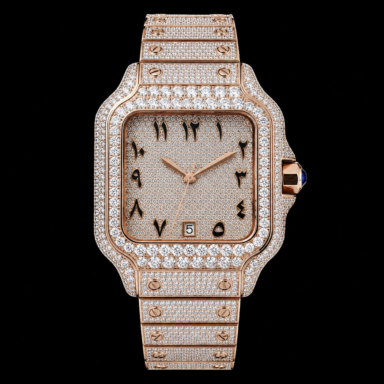 Petey's jewelry rose gold automatic watch with full diamond bezel and dial, featuring Arabic numerals and a date window.