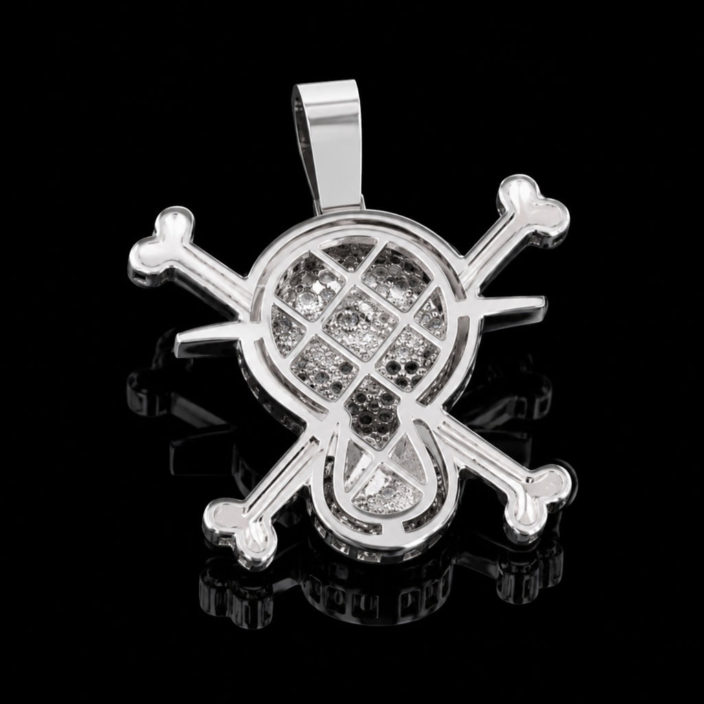 Petey's jewelry iced out skull and crossbones pendant in 925 sterling silver with sparkling round moissanite stones.
