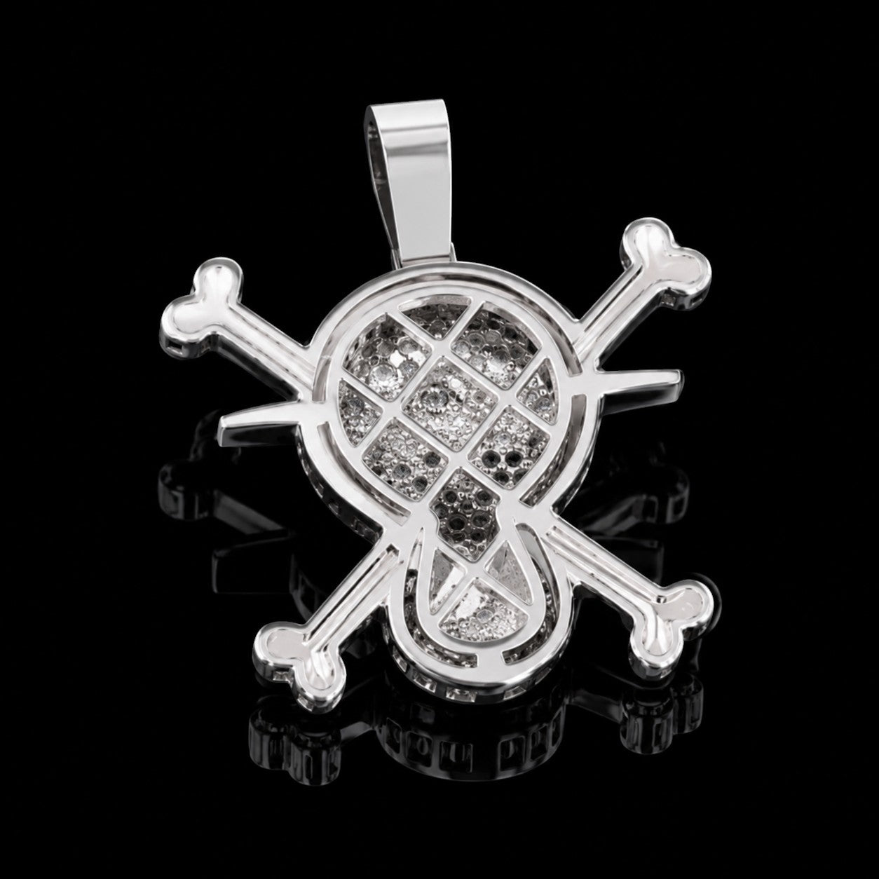 Petey's jewelry iced out skull and crossbones pendant in 925 sterling silver with sparkling round moissanite stones.