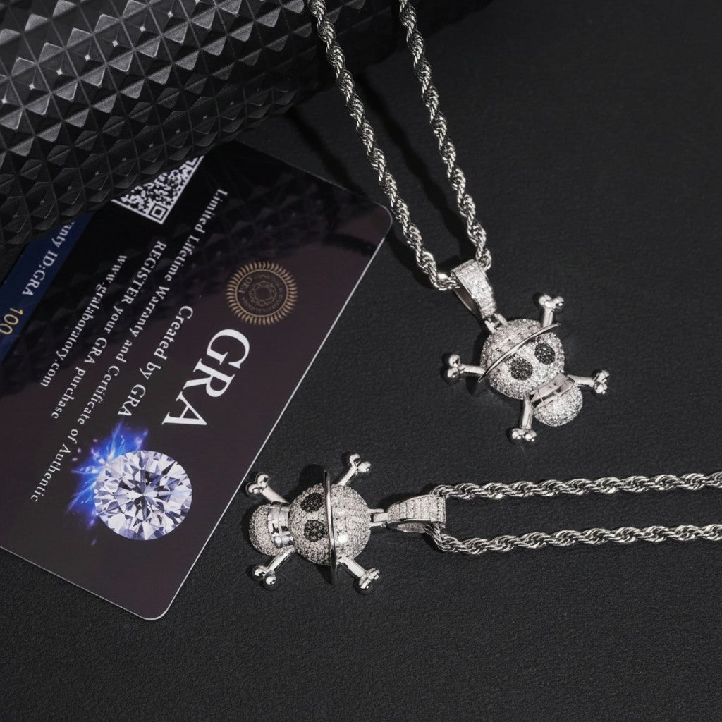 Petey's jewelry iced out skull bone moissanite pendant in 925 sterling silver with a rope chain and GRA certificate.