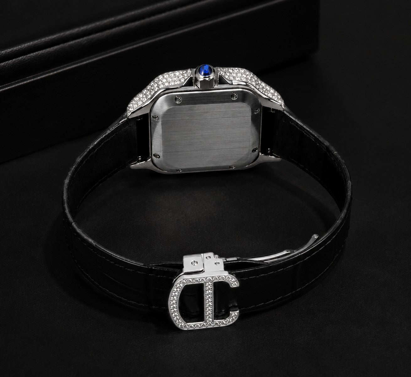 Petey's jewelry silver moissanite iced-out square watch with black band and diamond-encrusted buckle.