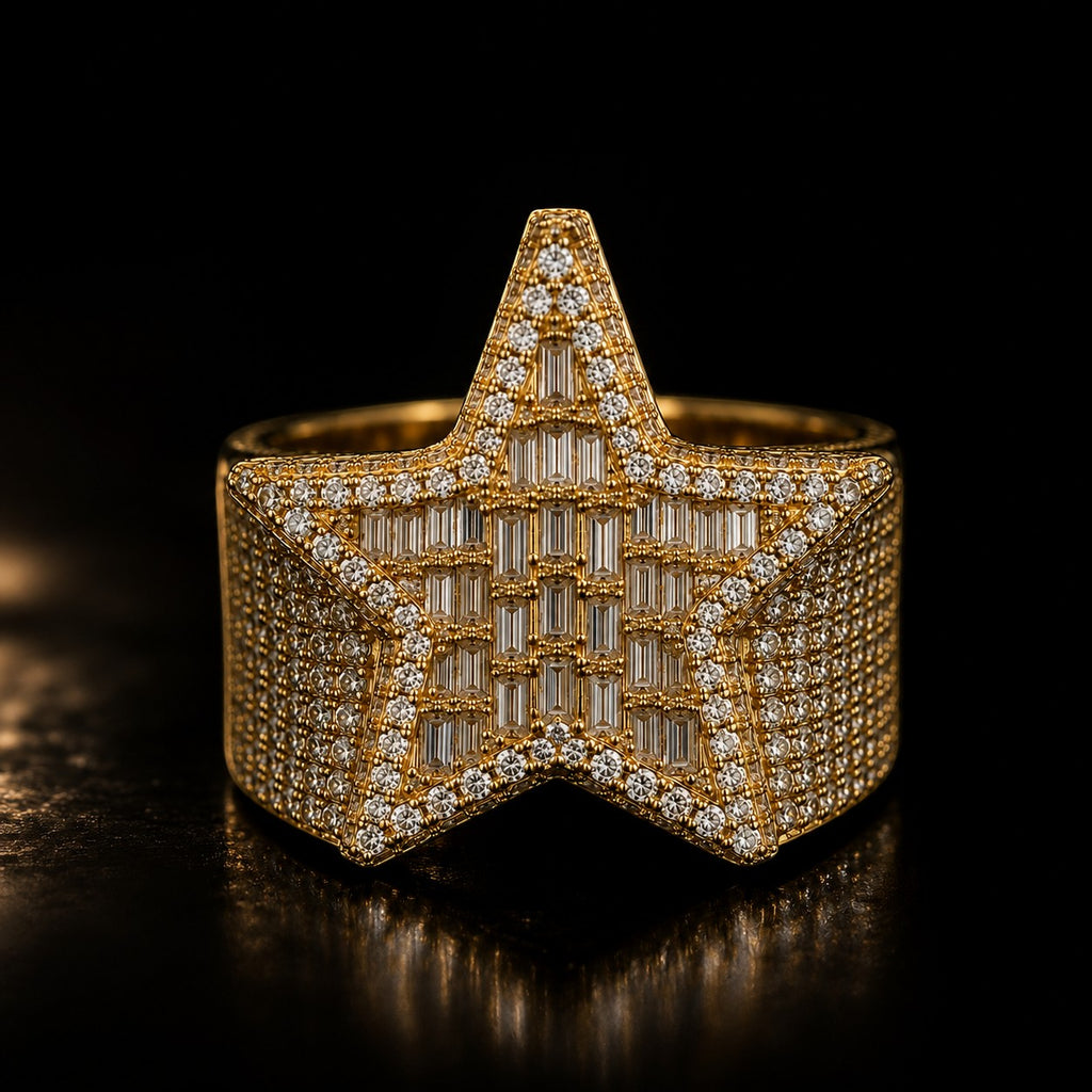Petey's jewelry iced out star-shaped ring in gold-plated 925 silver with VVS moissanite baguette and round stones.