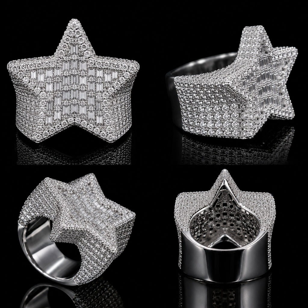 Petey's jewelry iced out star-shaped ring in 925 sterling silver with VVS moissanite stones and prong setting.