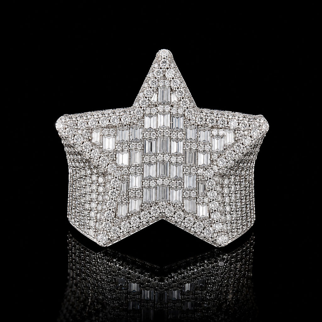 Petey's jewelry iced out star-shaped ring featuring VVS moissanite stones set in 925 sterling silver, hip hop style.