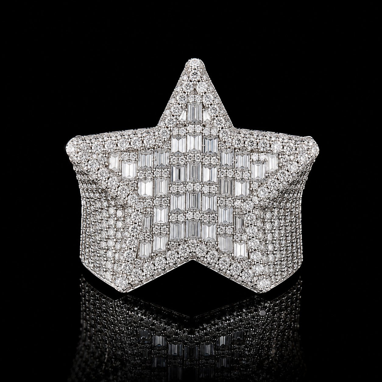 Petey's jewelry iced out star-shaped ring featuring VVS moissanite stones set in 925 sterling silver, hip hop style.