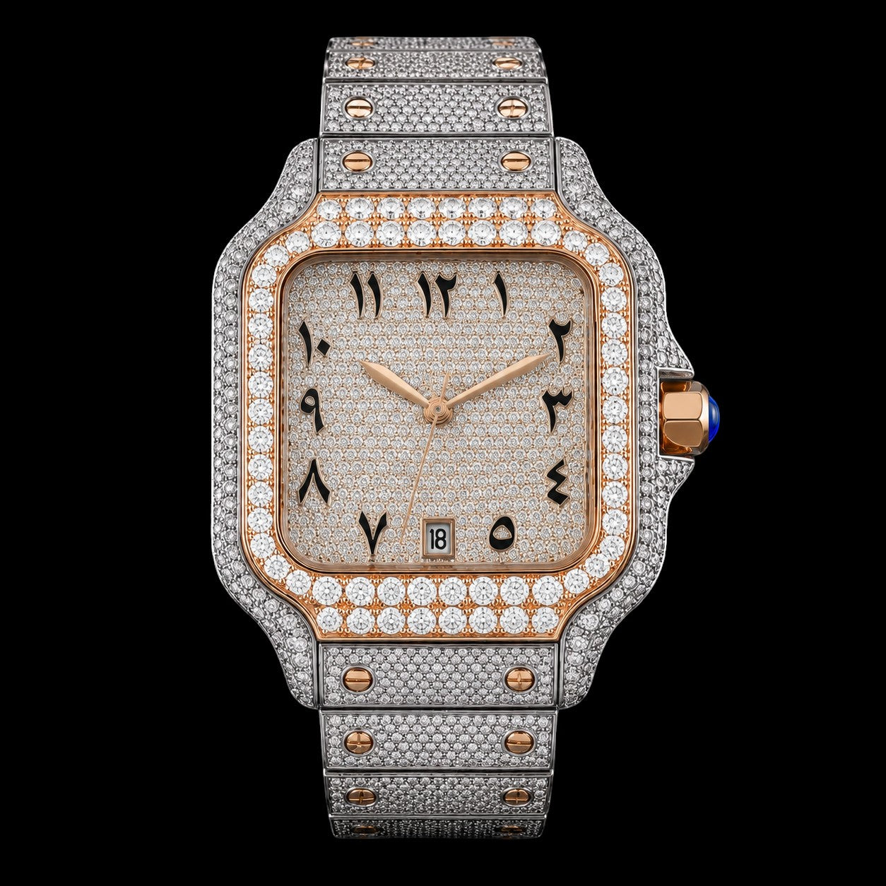 Petey's jewelry men's iced out automatic watch with rose gold and silver tones, square face, Arabic numerals, and diamond accents.