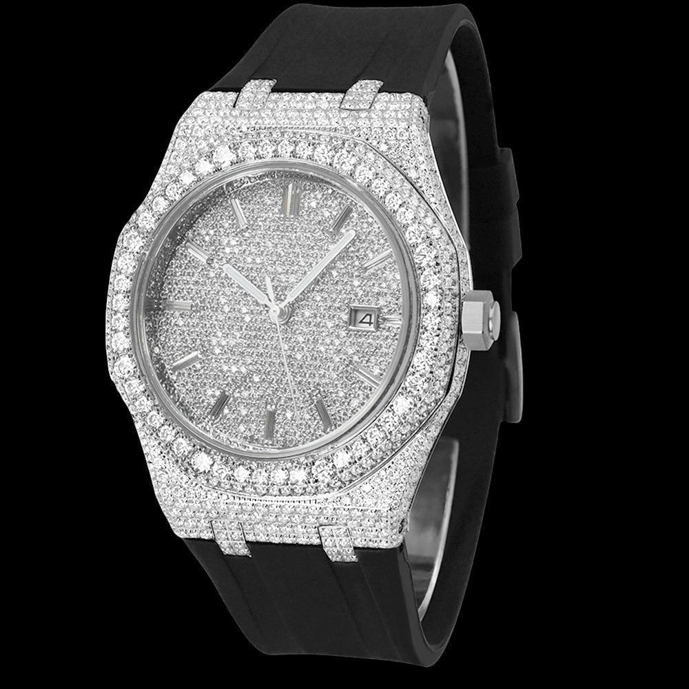 Petey's jewelry men's luxury automatic watch with a square stainless steel case fully iced out with VVS moissanite diamonds and a black rubber band.