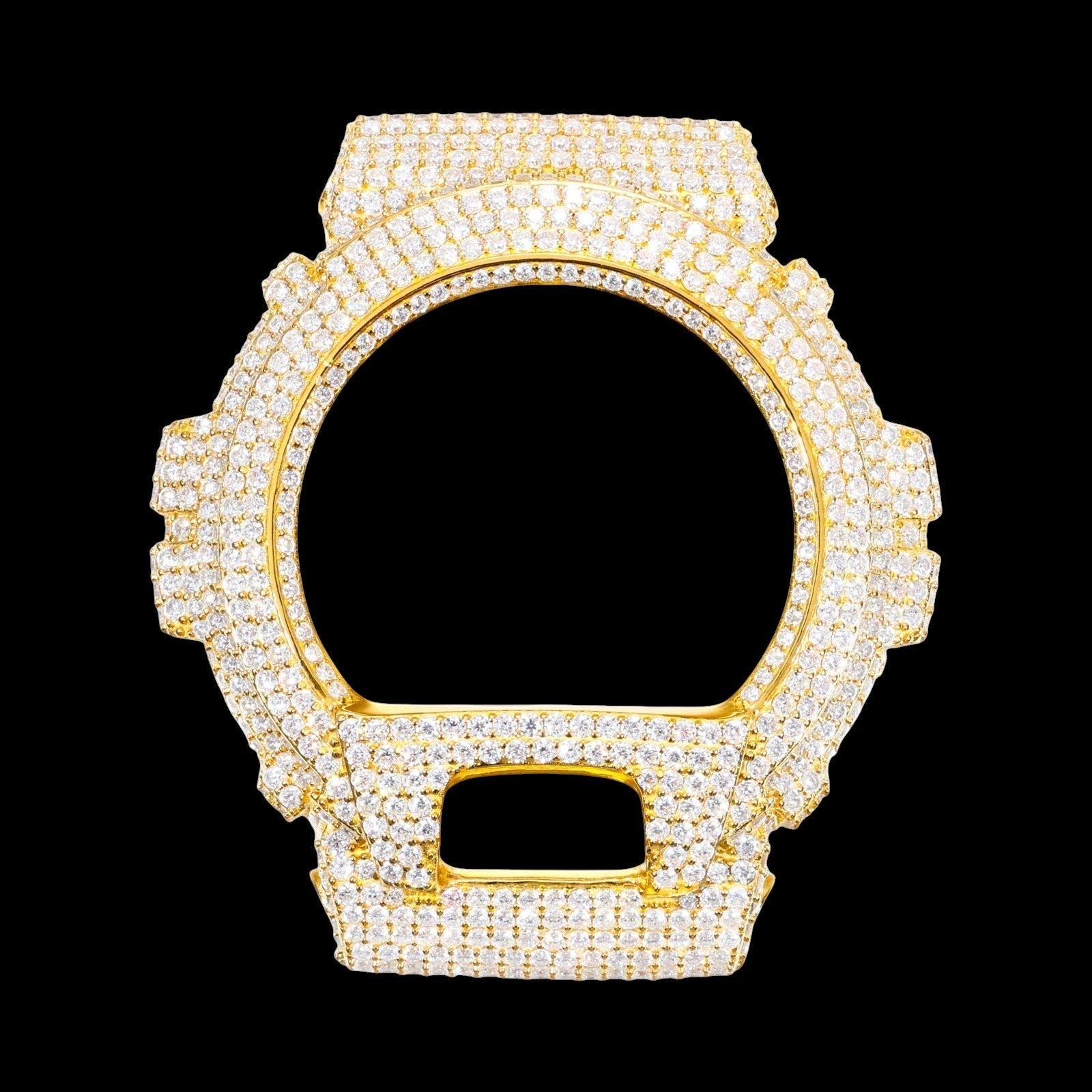 Petey's jewelry gold-tone watch bezel case fully iced out with VVS moissanite stones.