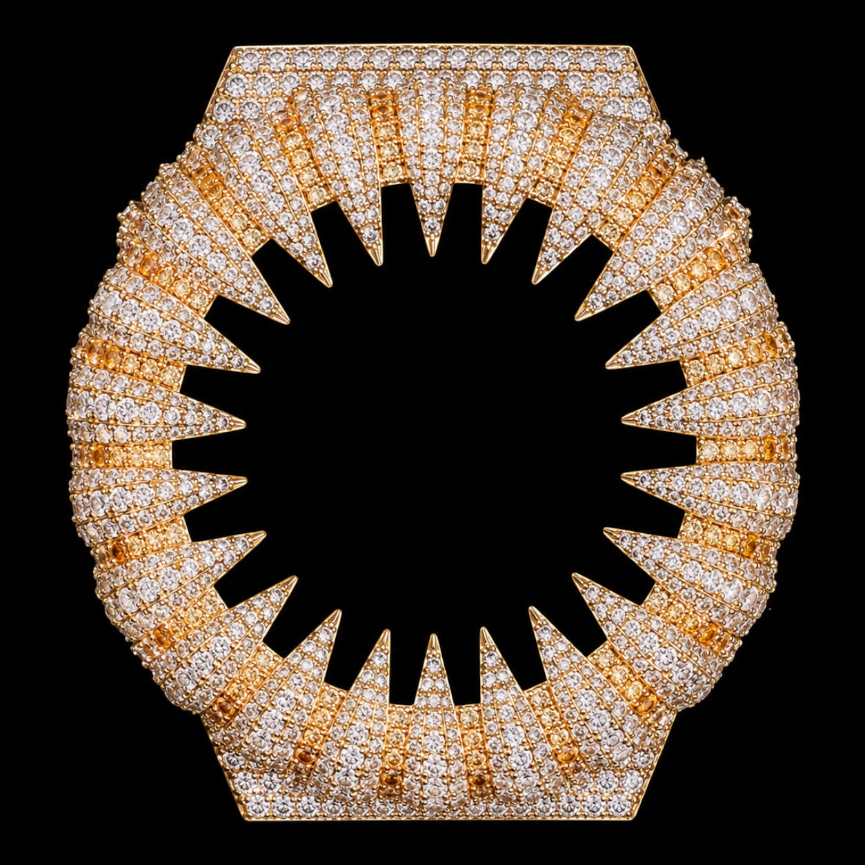 Petey's jewelry Hip Hop style iced out watch bezel with white and yellow moissanite stones, 925 silver.
