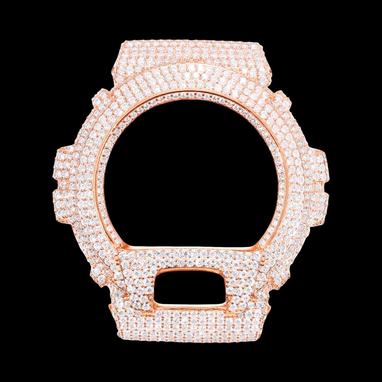 Petey's jewelry rose gold watch case covered in VVS moissanite stones with Arabic numerals.