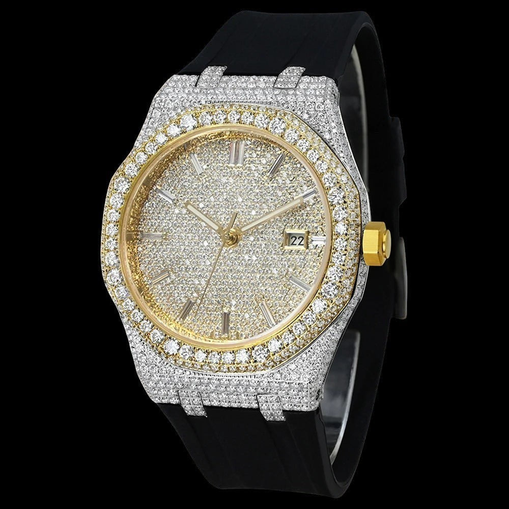 Petey's jewelry men's luxury iced out automatic watch with gold dial, diamond bezel, and black rubber strap.