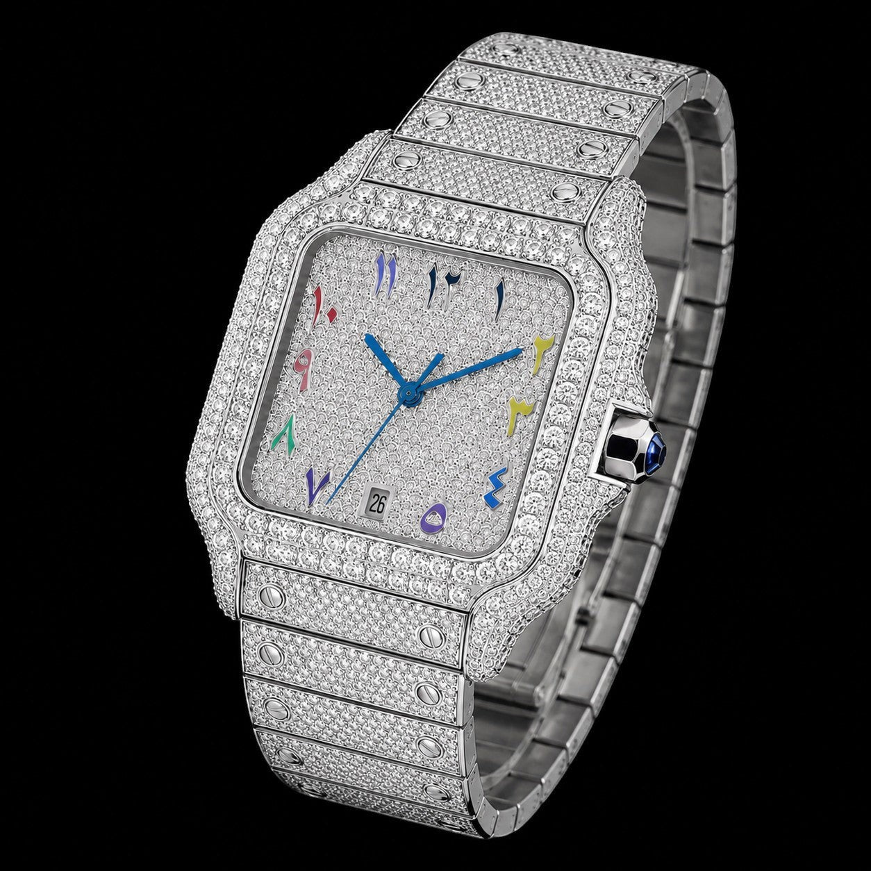 Petey's jewelry men's iced out automatic watch with a square silver dial, blue hands, and colorful Arabic numerals. Stainless steel band.