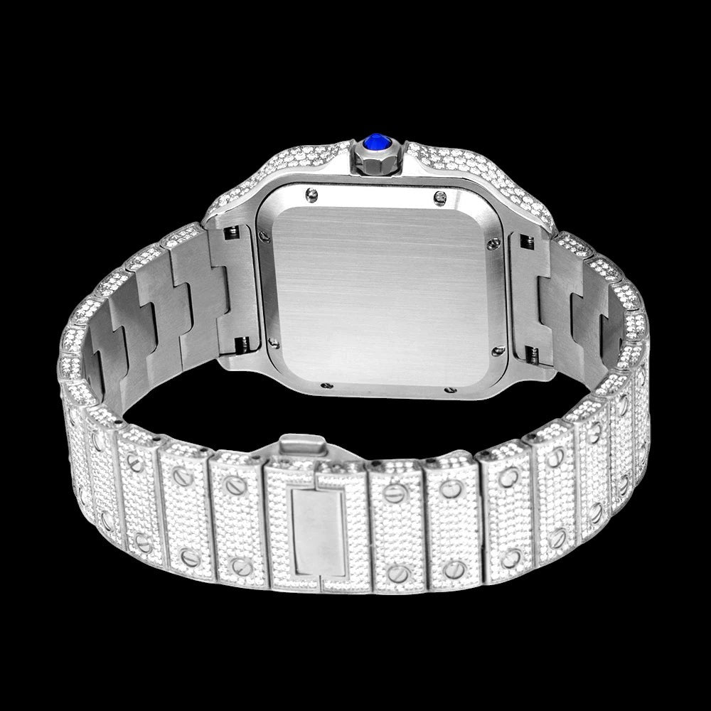 Petey's jewelry men's iced out automatic watch with diamond-encrusted band and bezel, square silver case, blue crown.
