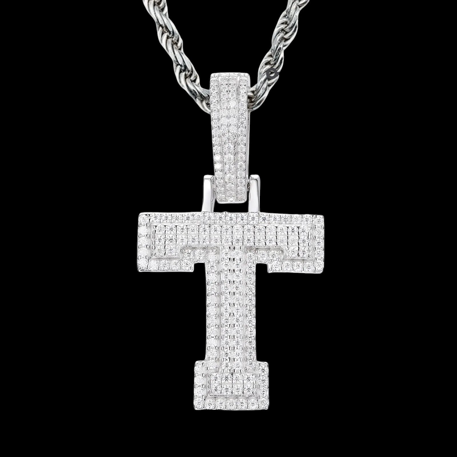 Petey's jewelry iced out letter T pendant necklace in 925 sterling silver with sparkling moissanite stones