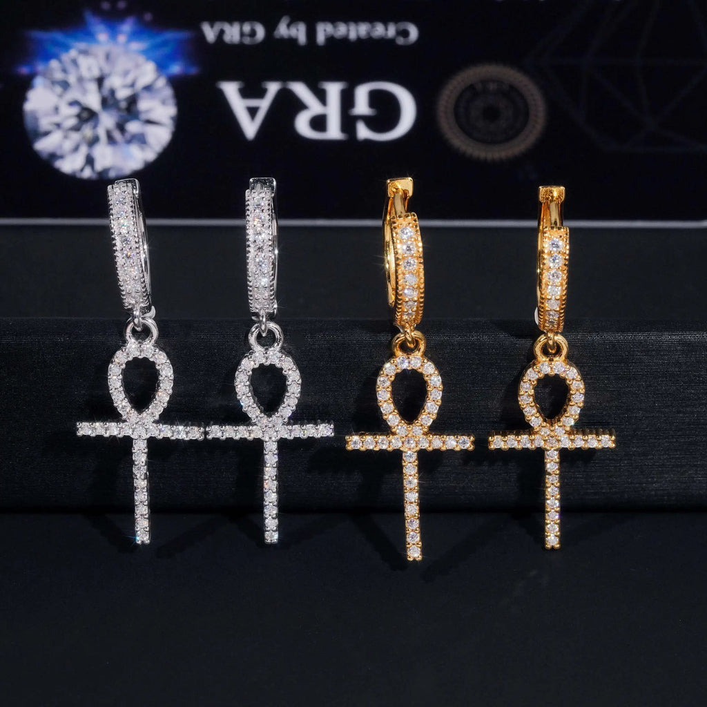 Petey's jewelry iced out ankh cross hoop earrings in gold and silver plated 925 sterling silver with VVS moissanite