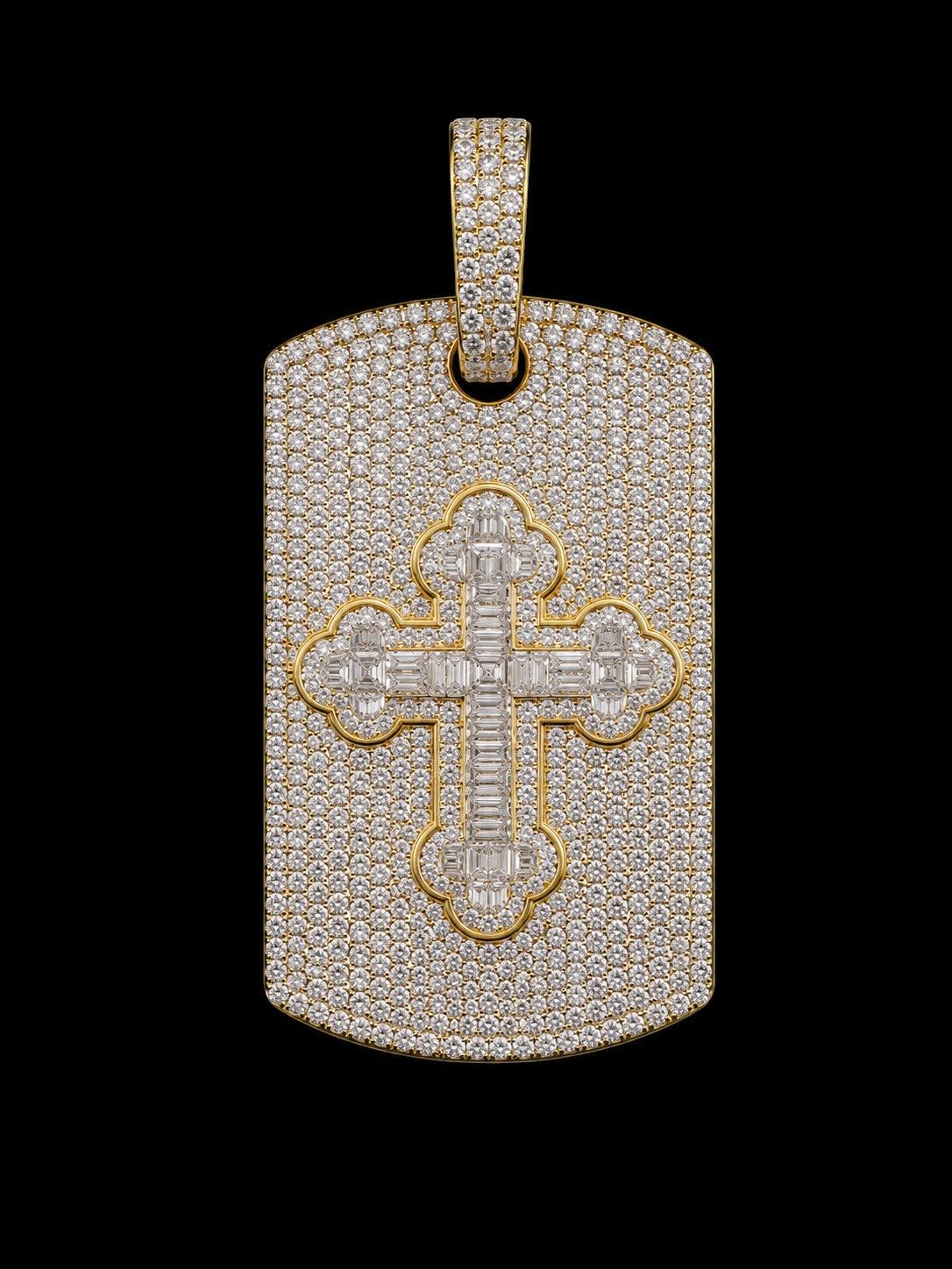 Petey's jewelry hip hop dog tag pendant featuring a central cross design, crafted in 925 silver with VVS moissanite.