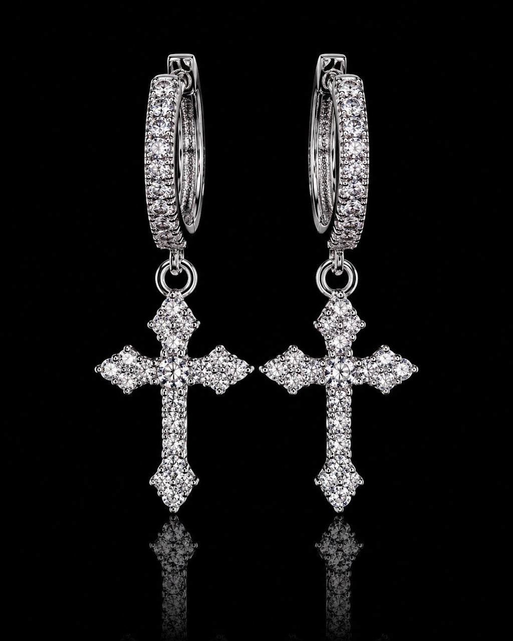 Petey's jewelry iced out cross hoop earrings in 925 sterling silver with sparkling VVS moissanite stones.