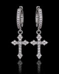 Petey's jewelry iced out cross hoop earrings in 925 sterling silver with sparkling VVS moissanite stones.