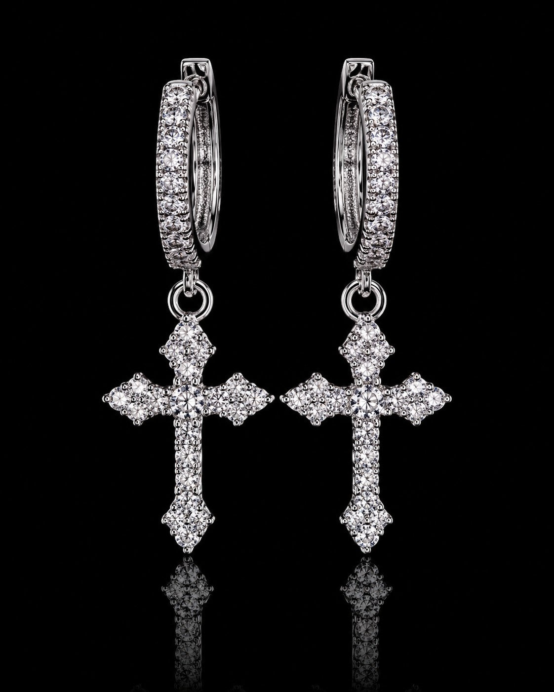 Petey's jewelry iced out cross hoop earrings in 925 sterling silver with sparkling VVS moissanite stones.