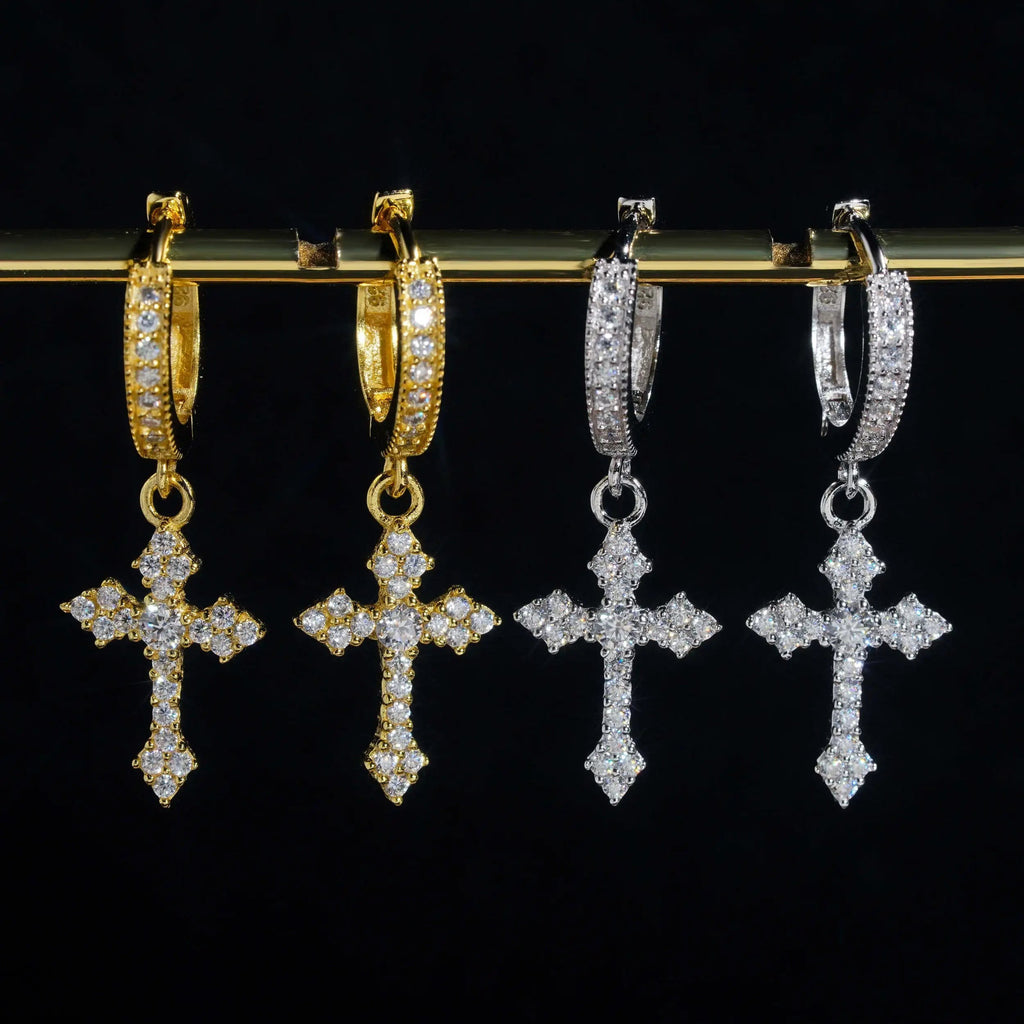 Petey's jewelry iced out cross hoop earrings in gold and silver plated 925 sterling silver with VVS moissanite stones