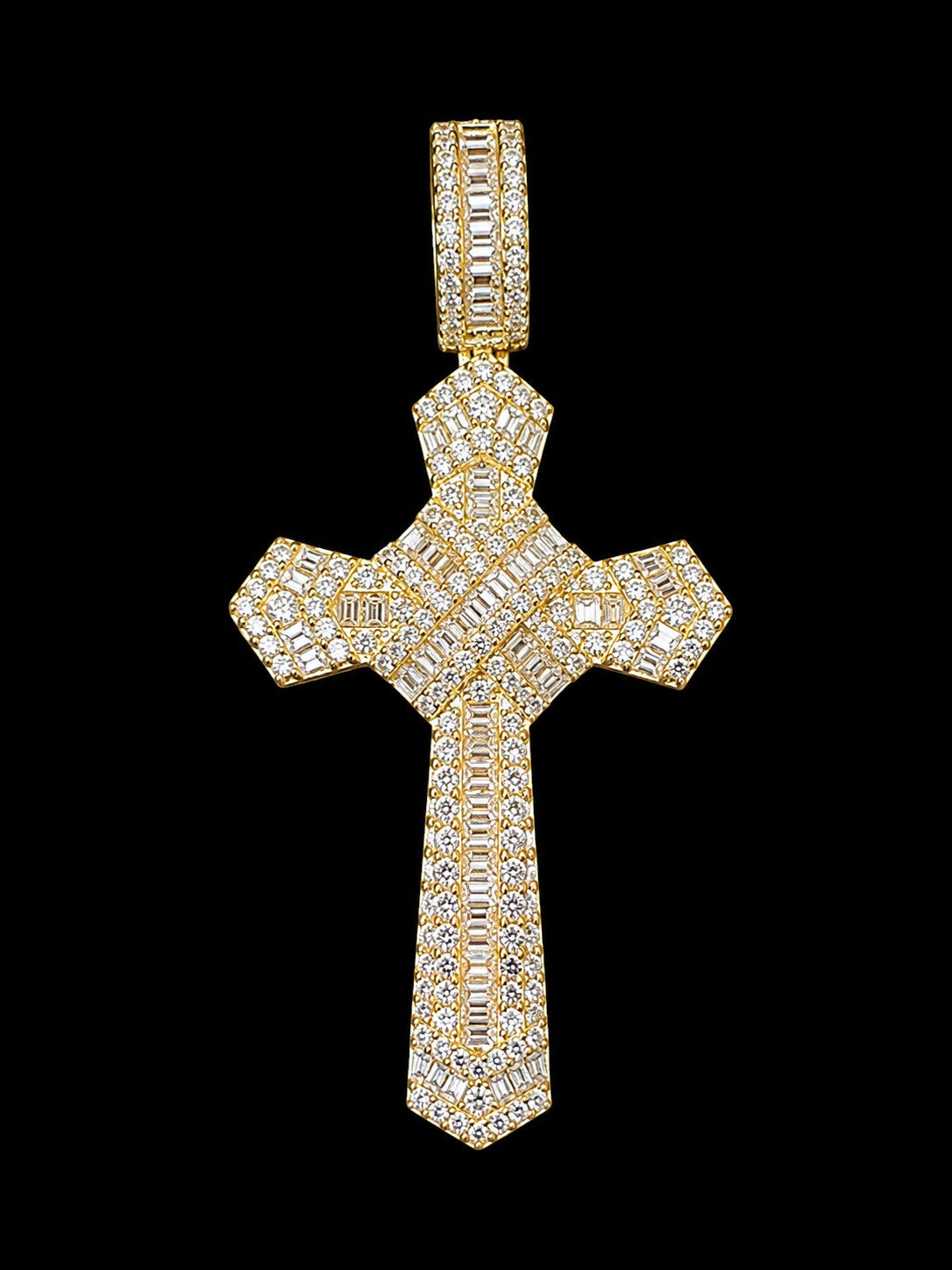 Petey's jewelry gold-plated 925 sterling silver cross pendant featuring sparkling moissanite stones in a hip hop style