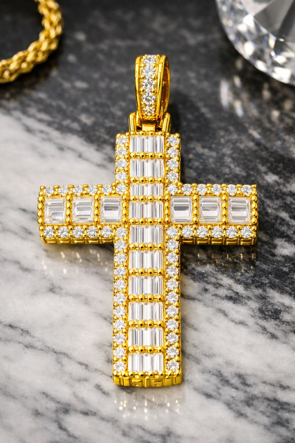 Petey's jewelry gold-plated cross pendant featuring baguette and round moissanite stones in a hip hop style.