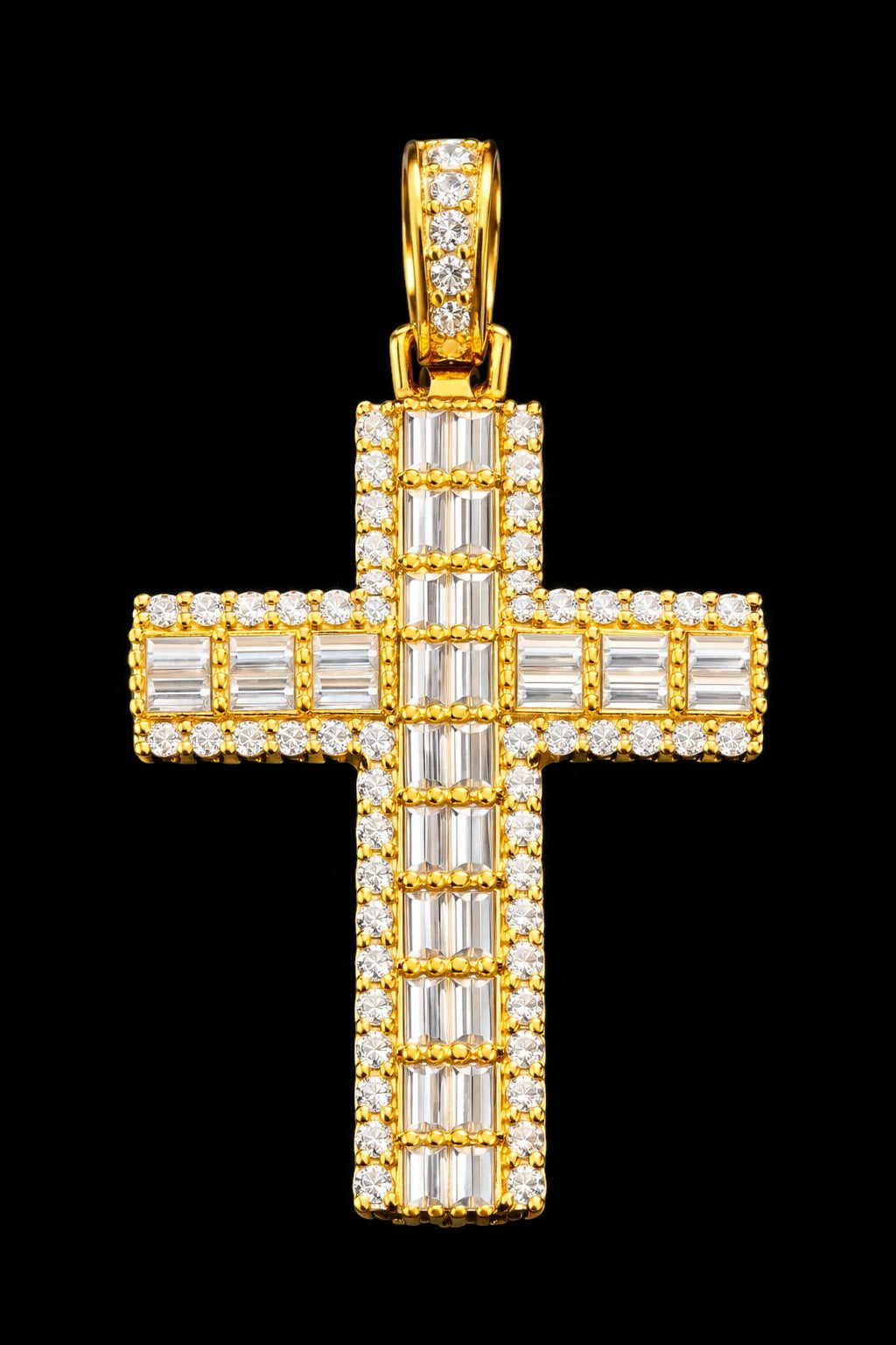 Petey's jewelry gold-plated 925 sterling silver cross pendant featuring baguette and round-cut moissanite stones.