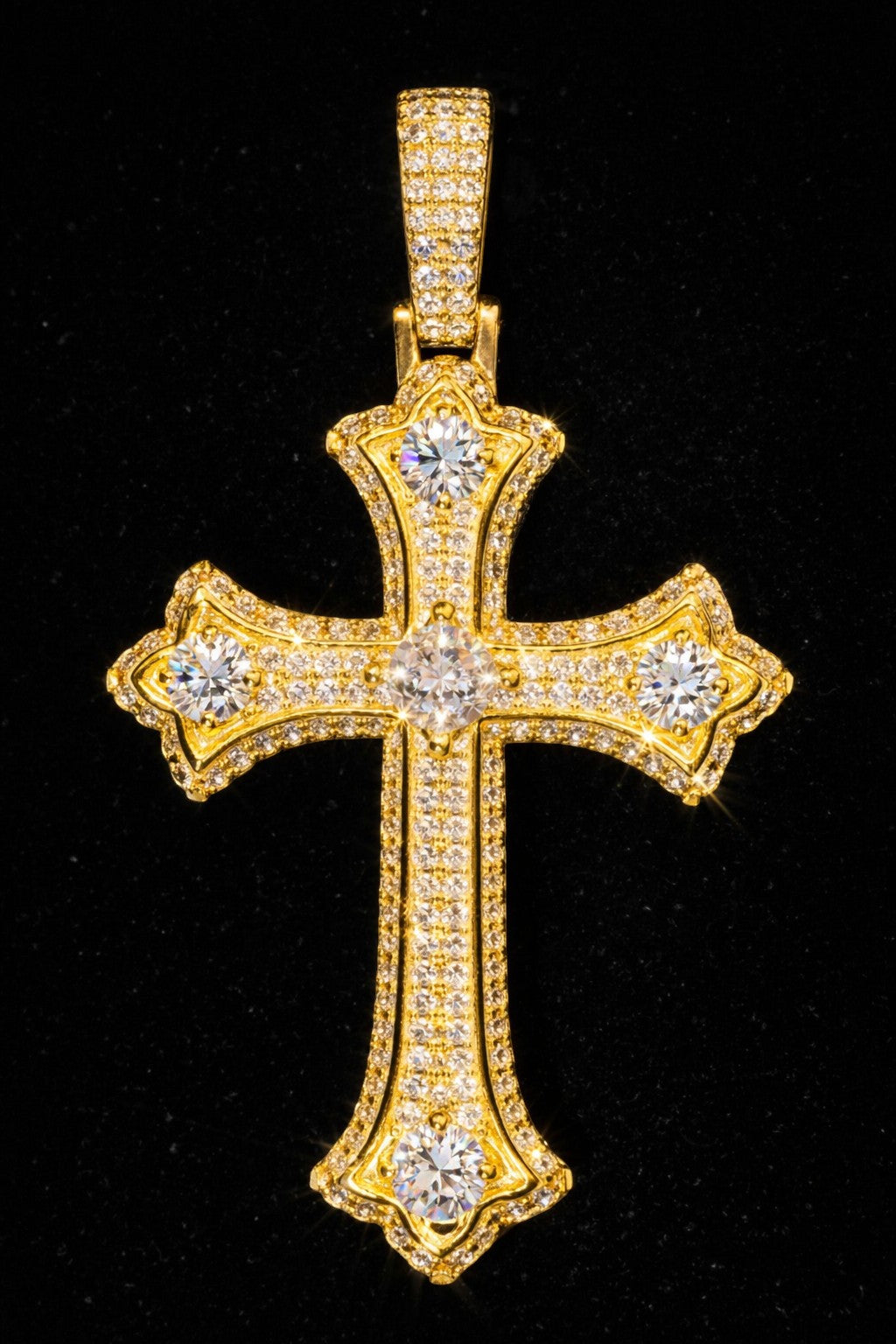 Petey's jewelry gold-plated 925 sterling silver cross pendant featuring sparkling round-cut moissanite stones.