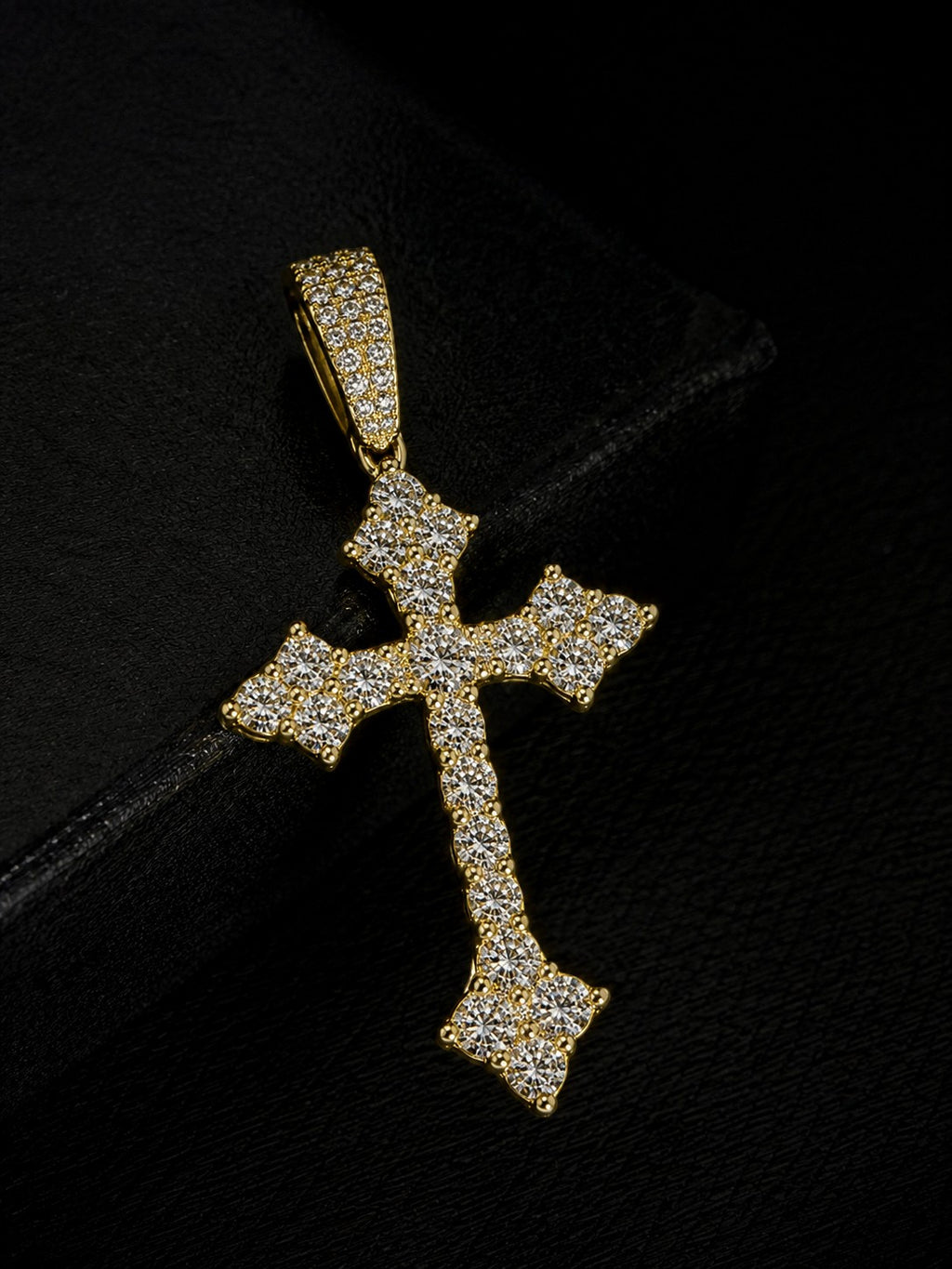 Petey's jewelry gold-plated 925 sterling silver cross pendant featuring sparkling round-cut moissanite stones.