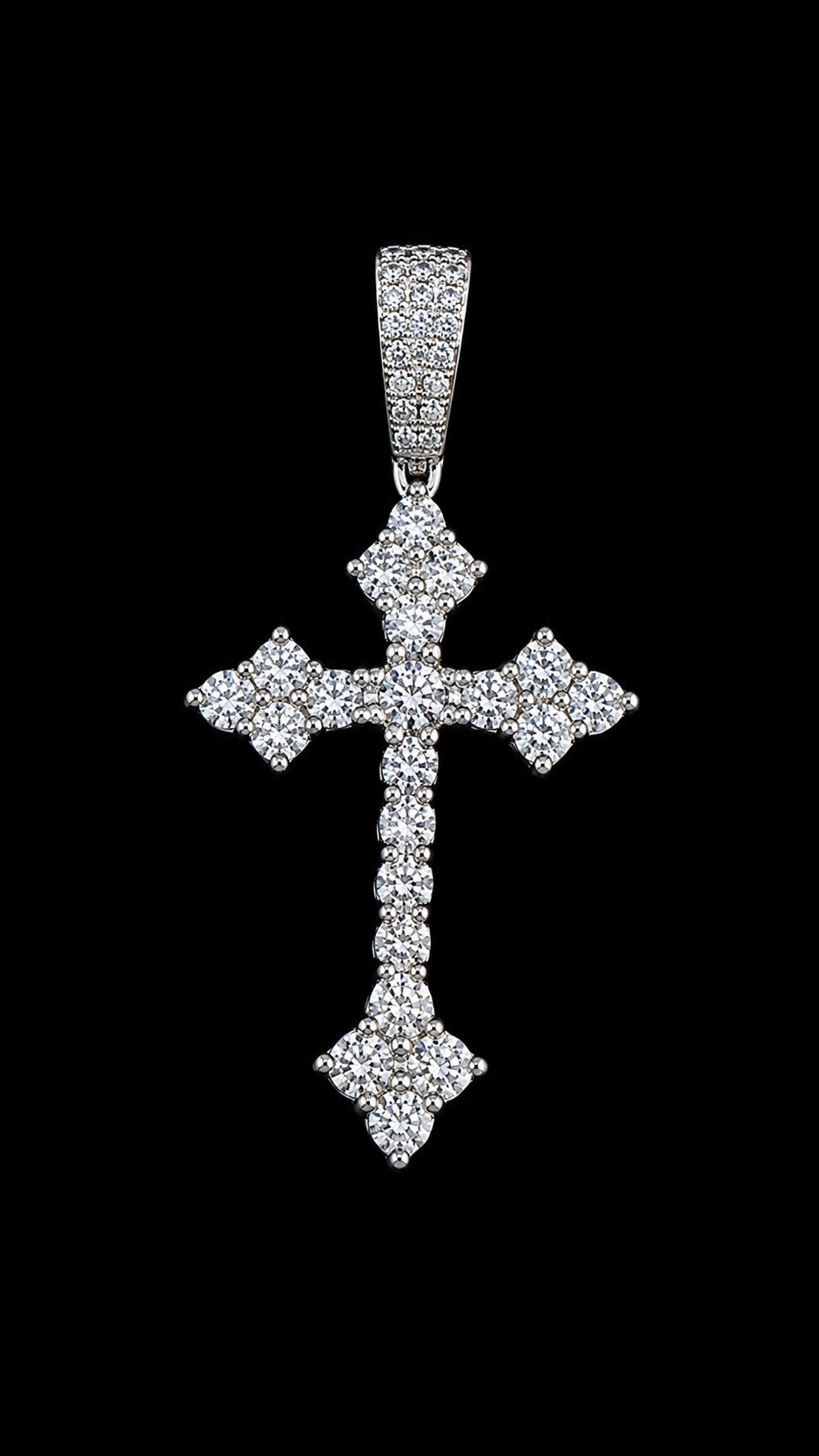 Petey's jewelry hip hop cross pendant featuring round brilliant cut moissanite stones set in 925 sterling silver.