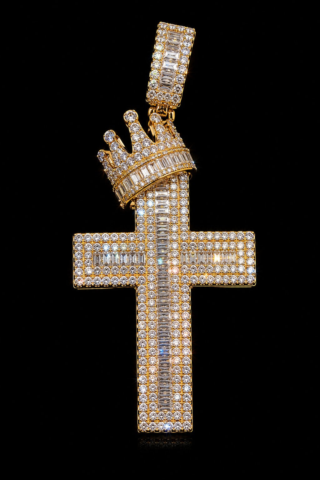 Petey's jewelry gold-plated cross pendant featuring a crown, set with sparkling moissanite stones on 925 silver.