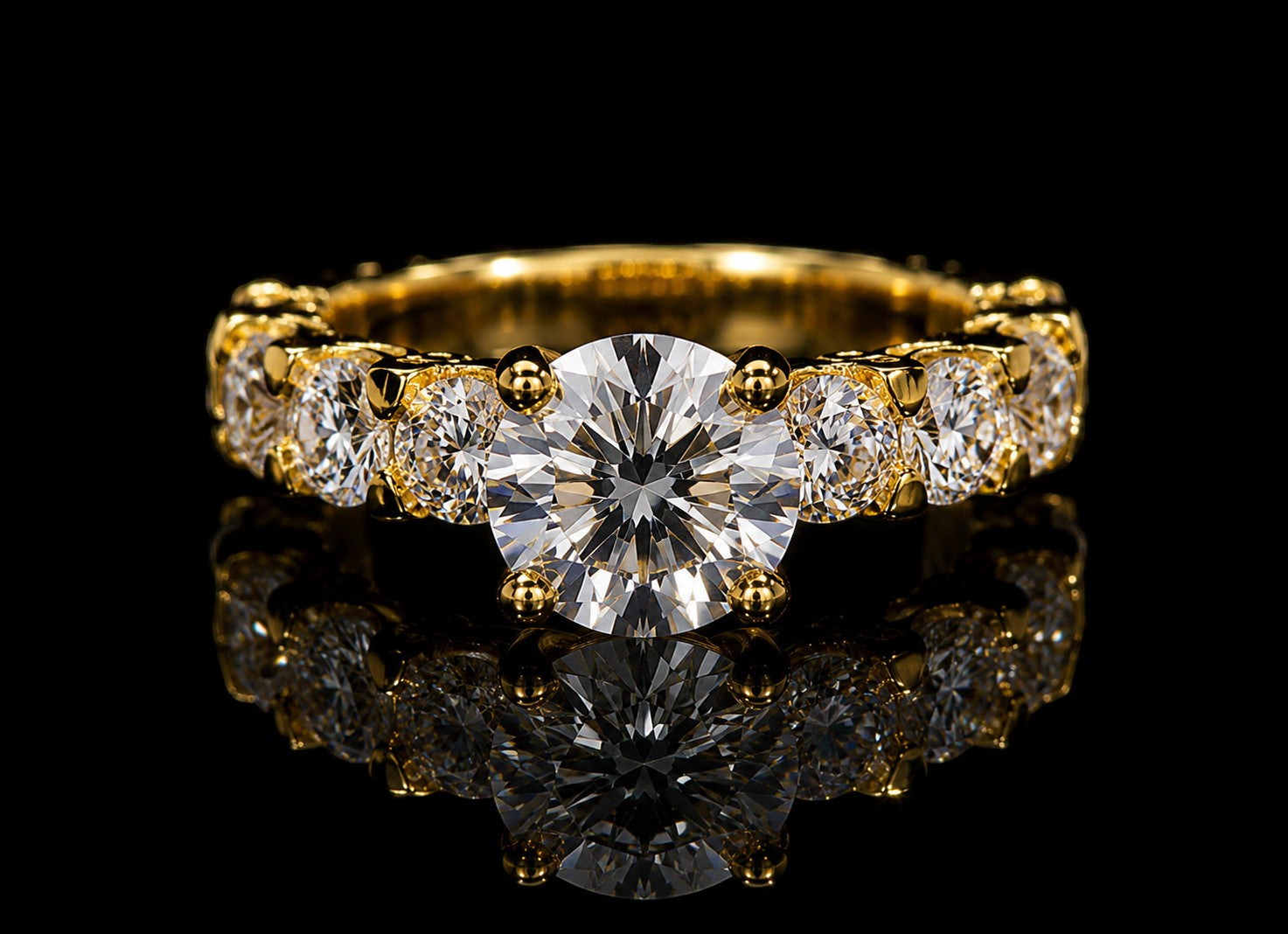 Petey's jewelry yellow gold ring with VVS moissanite diamonds, round brilliant cut, prong setting. Hip hop style.