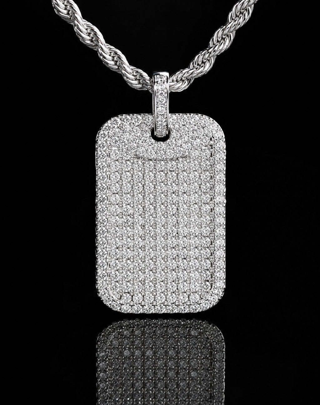 Petey's jewelry iced out dog tag pendant featuring VVS moissanite diamonds on a white gold plated 925 silver rope chain.