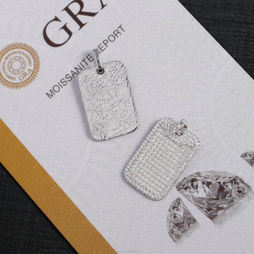 Petey's jewelry iced out dog tag pendant in 925 sterling silver with VVS moissanite diamonds and GRA certificate