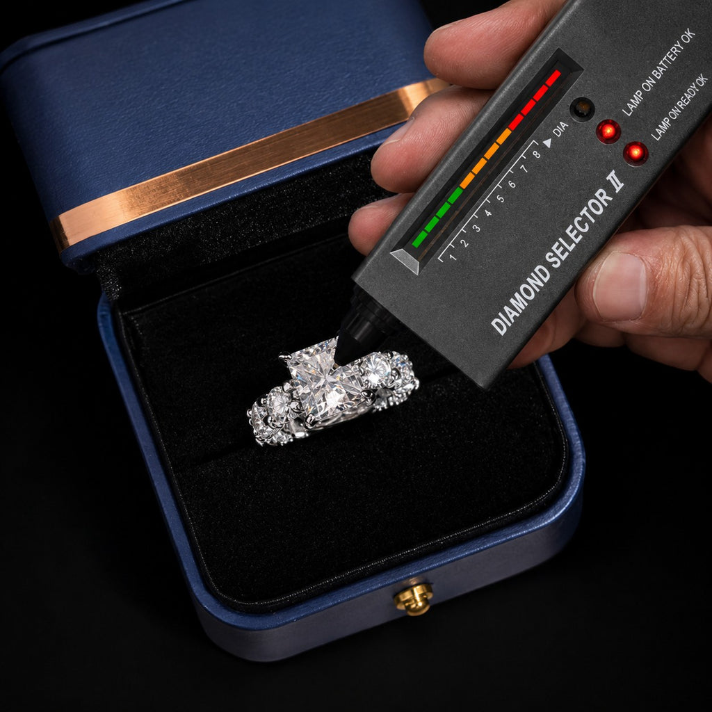Petey's jewelry radiant cut moissanite engagement ring in sterling silver being tested by a diamond selector.
