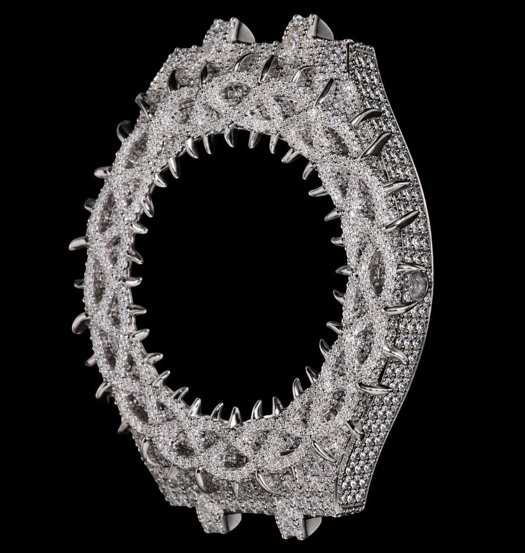 Petey's jewelry Moissanite GA-2100 G-Shock watch bezel case with spiked crown, fully iced out with VVS moissanite stones.