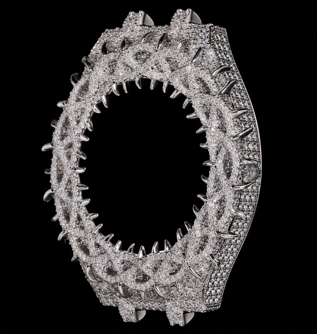 Petey's jewelry Moissanite GA-2100 G-Shock watch bezel case with spiked crown, fully iced out with VVS moissanite stones.