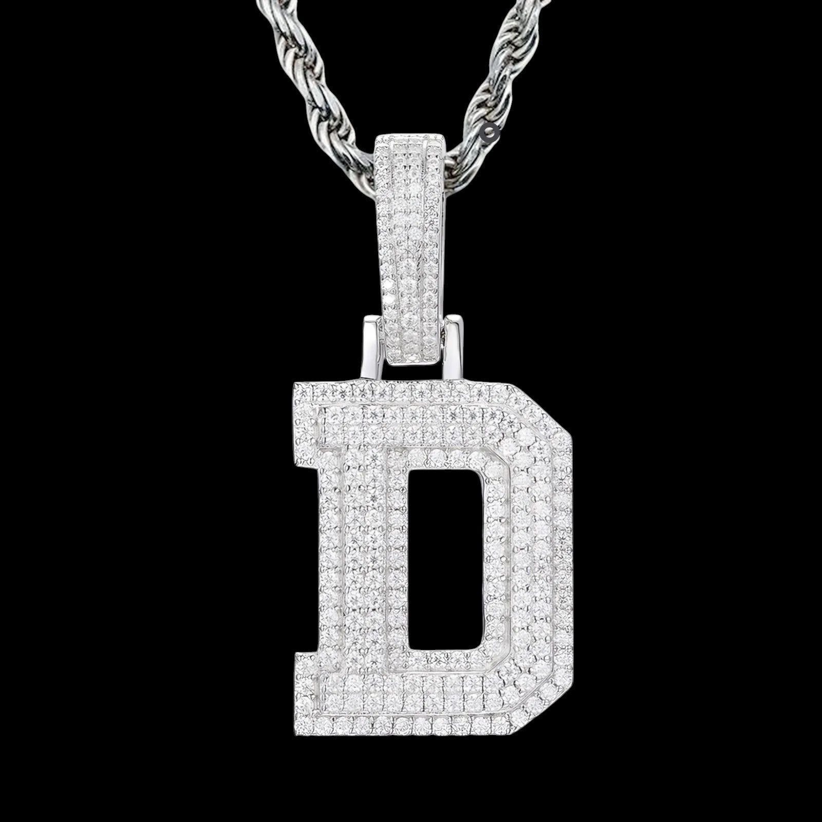 Petey's jewelry iced out letter D pendant necklace in 925 sterling silver with sparkling moissanite stones.