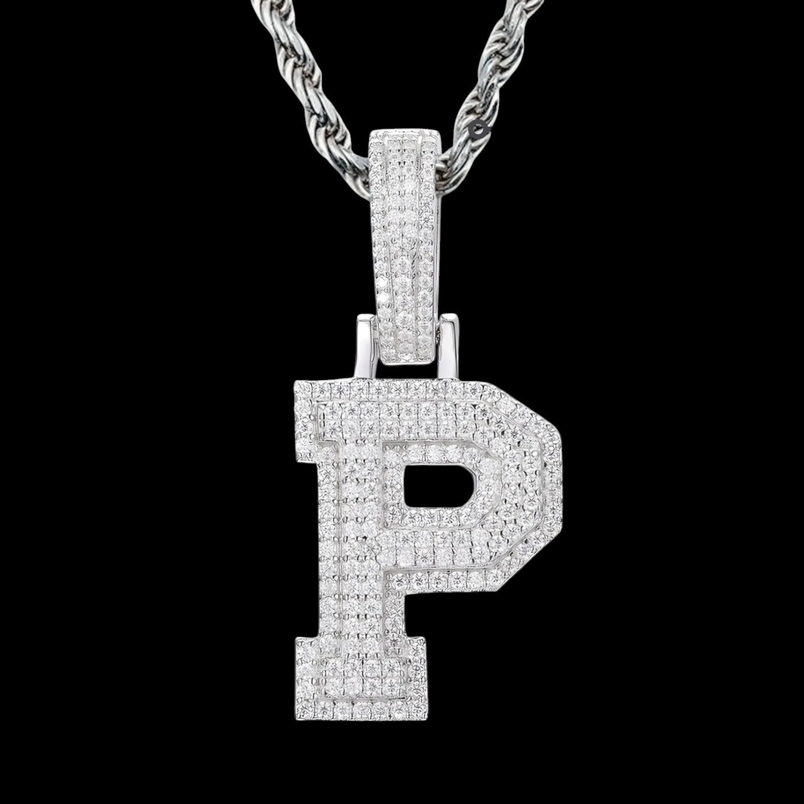 Petey's jewelry iced out letter P pendant necklace in 925 sterling silver with sparkling moissanite stones.