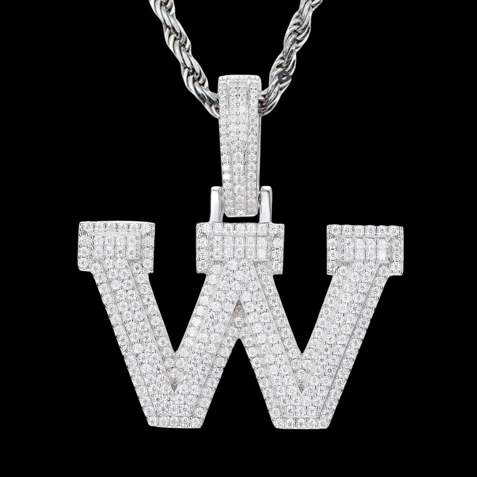 Petey's jewelry iced out letter W pendant necklace in 925 sterling silver with sparkling moissanite stones.