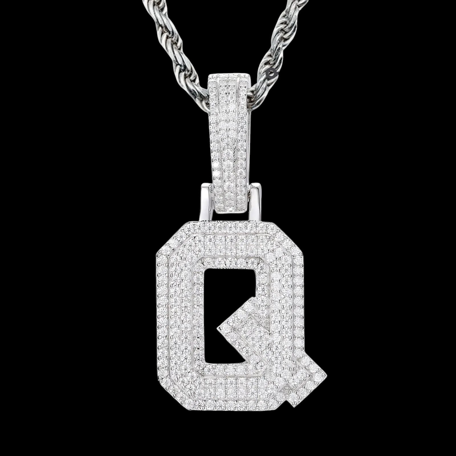 Petey's jewelry iced out letter Q pendant necklace in 925 sterling silver with sparkling moissanite stones.