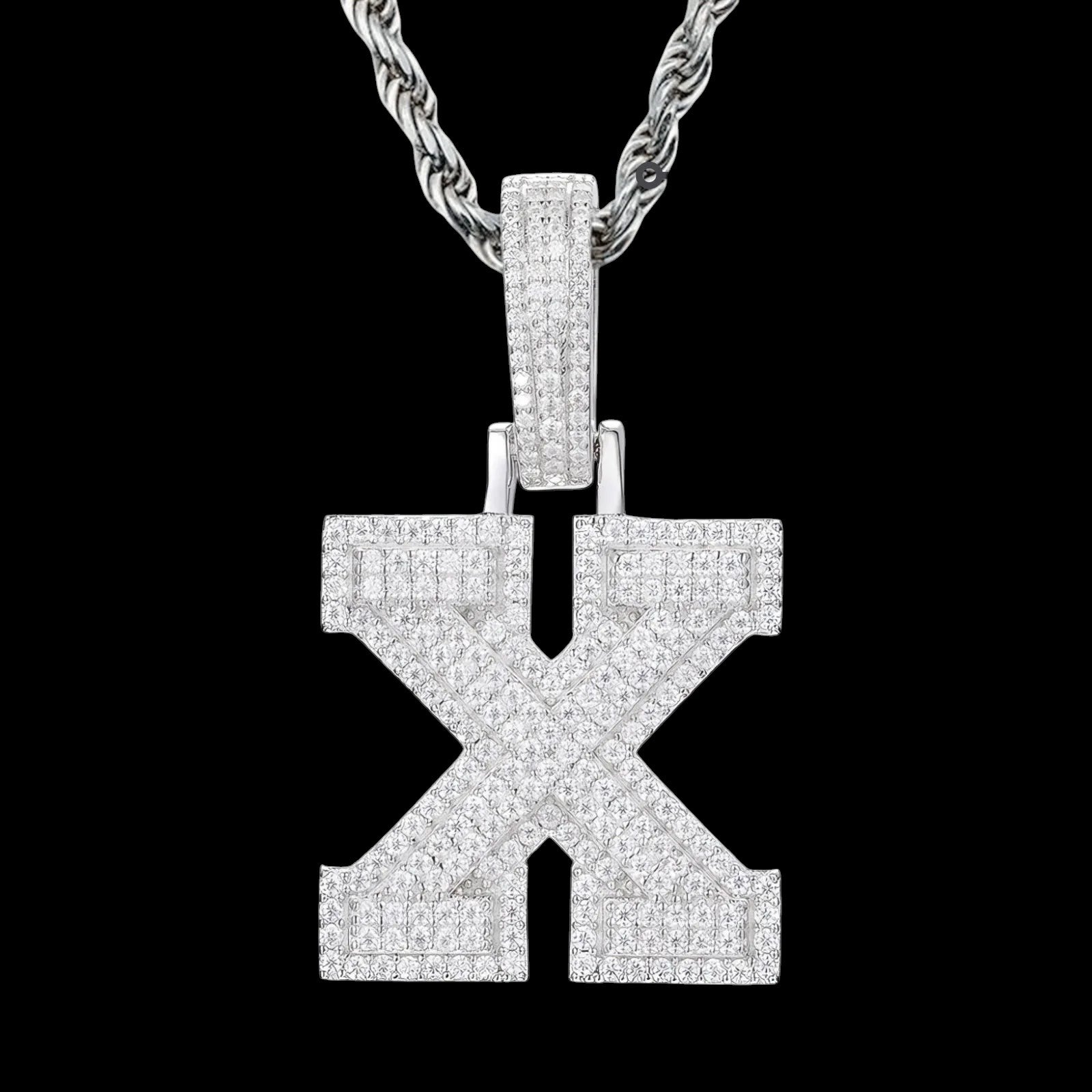 Petey's jewelry iced out letter X pendant in 925 sterling silver with sparkling moissanite stones and rope chain.